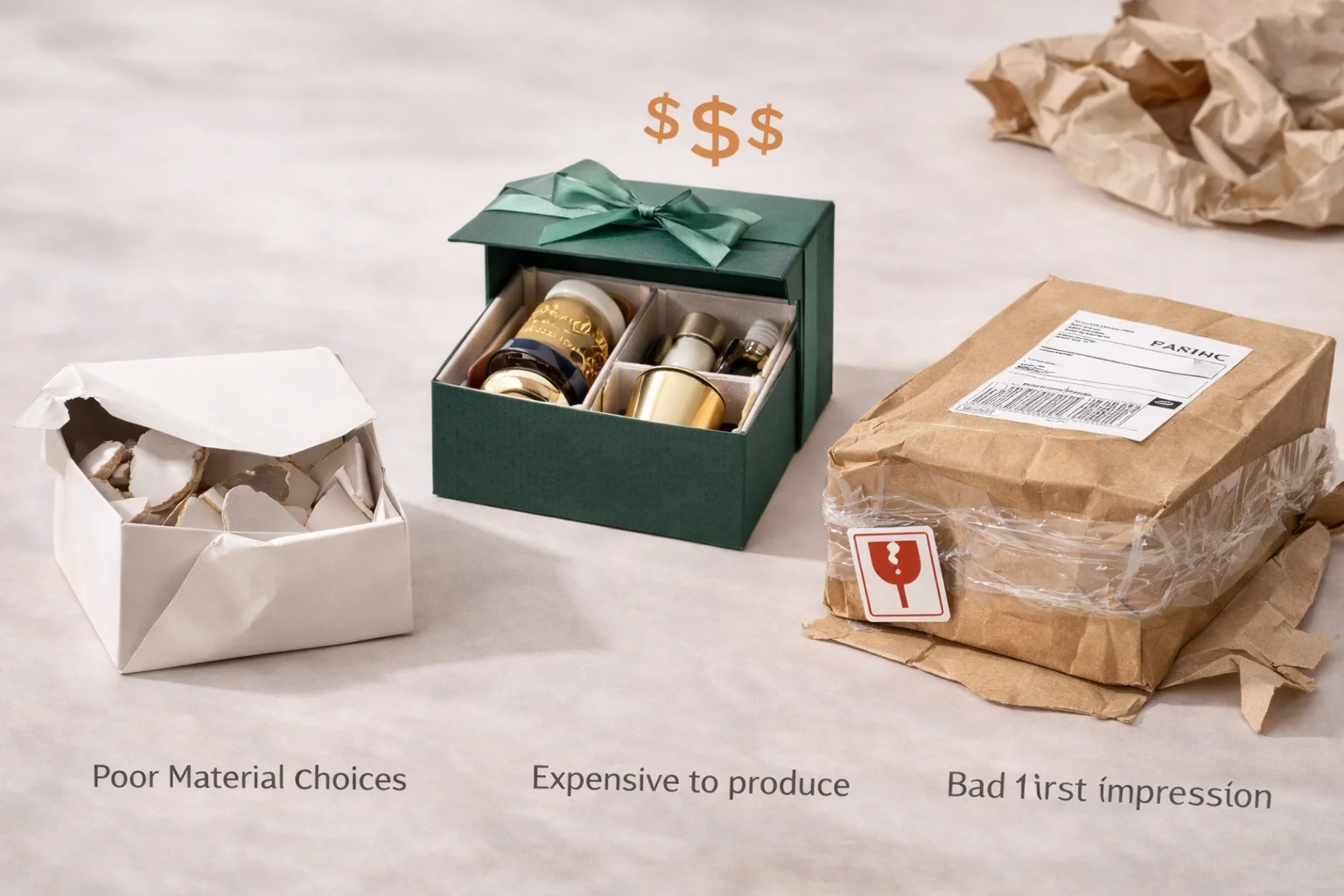 A damaged gift box next to an ill-fitting product