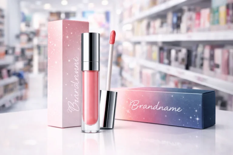 Pink lip gloss with silver cap alongside branded packaging in a store, featuring starry designs and gradient colors.