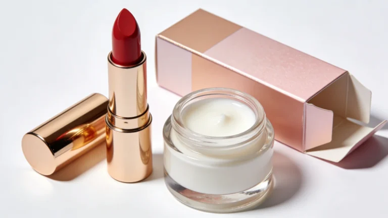 Red lipstick with gold casing, an open cream jar, and a pink packaging box on a white background.