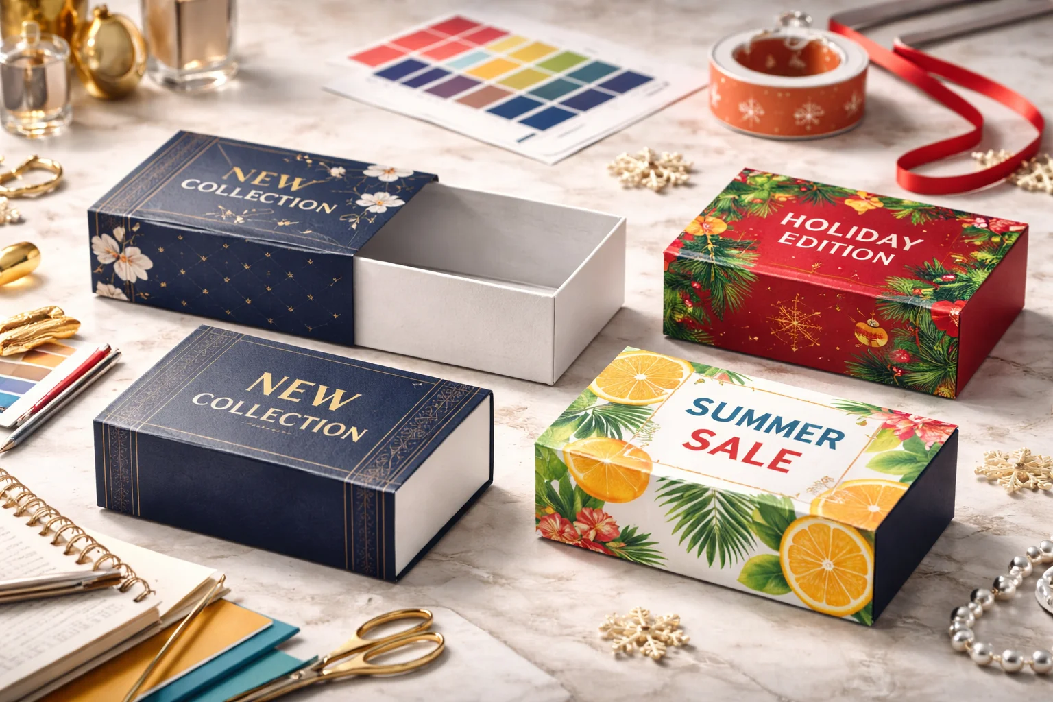 An old box design next to the same box with a new, modern sleeve over it