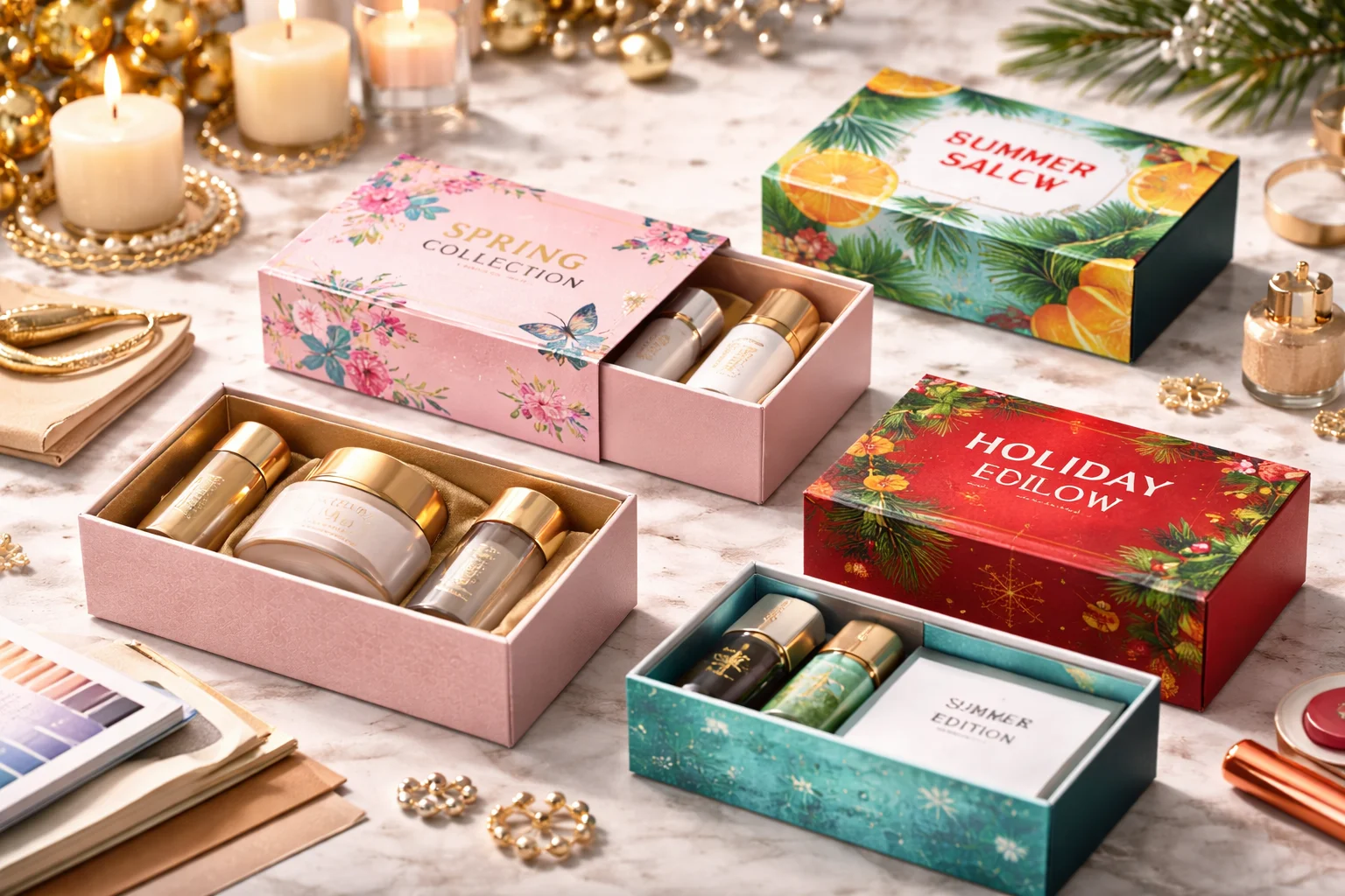 A cosmetic product in a sleeve box next to a seasonal promotional banner