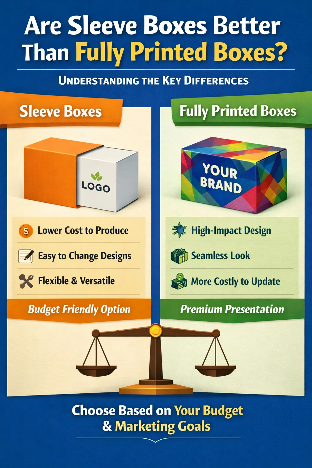 A sleeve box side-by-side with a fully printed box for comparison