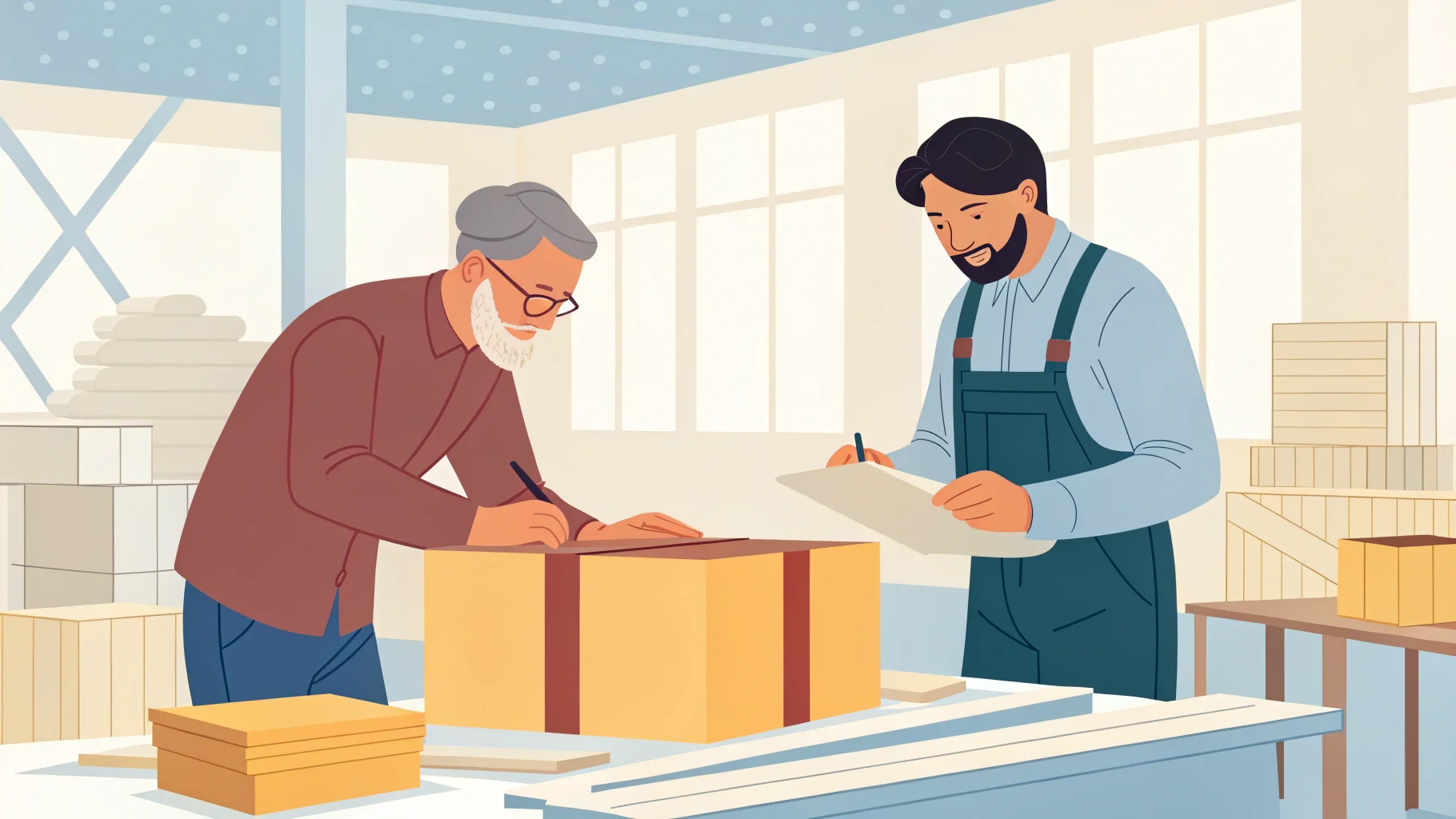 A client and a manufacturer discussing a packaging prototype