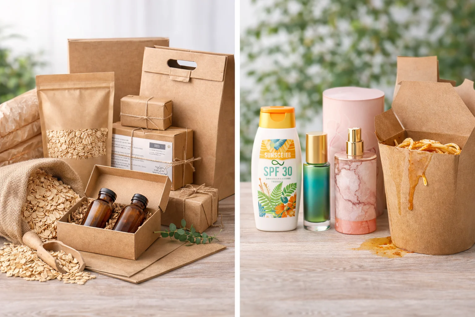 A split image showing a good use (soap) and a bad use (oily food) for kraft packaging