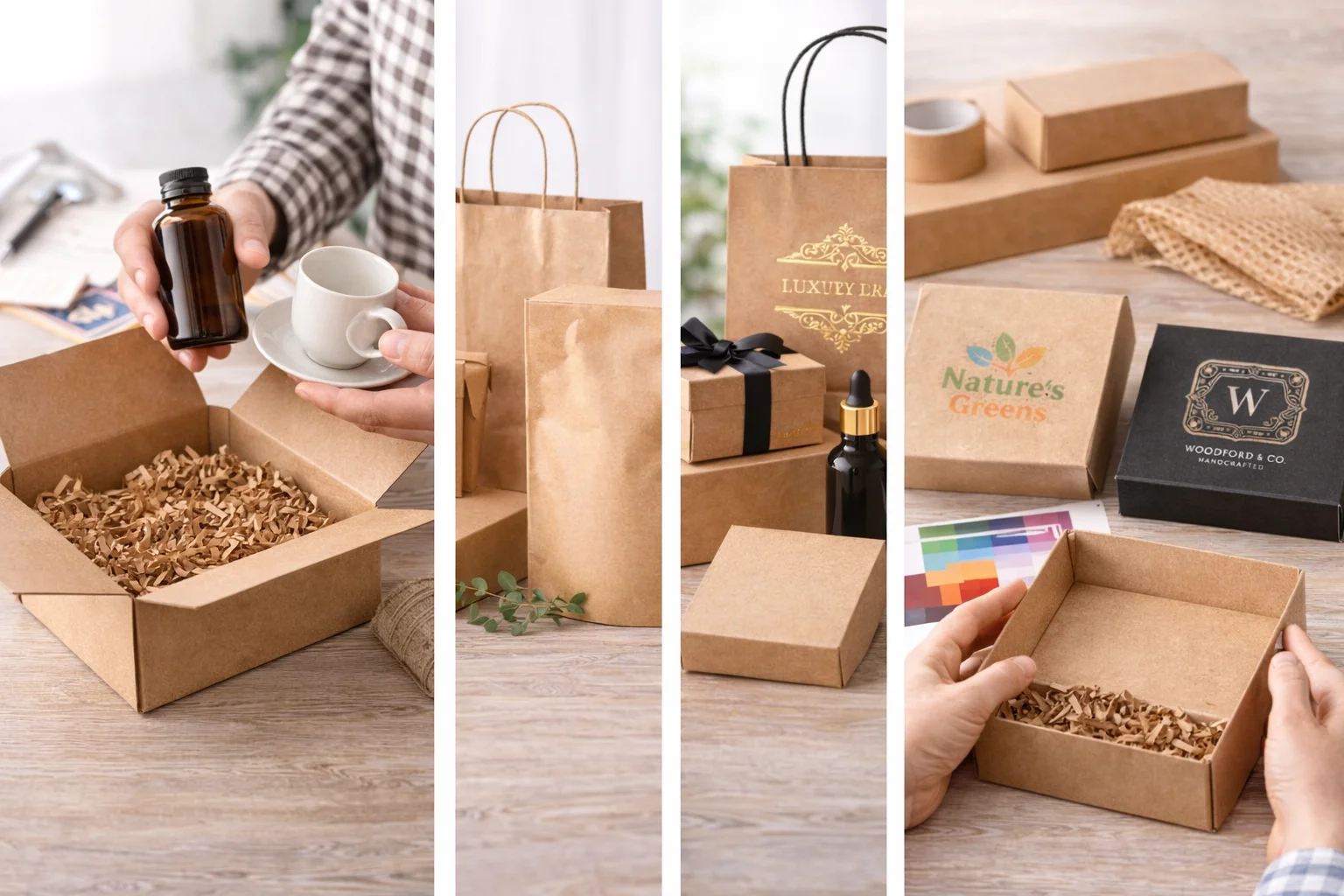 A person examining different kraft box samples at a desk with a product