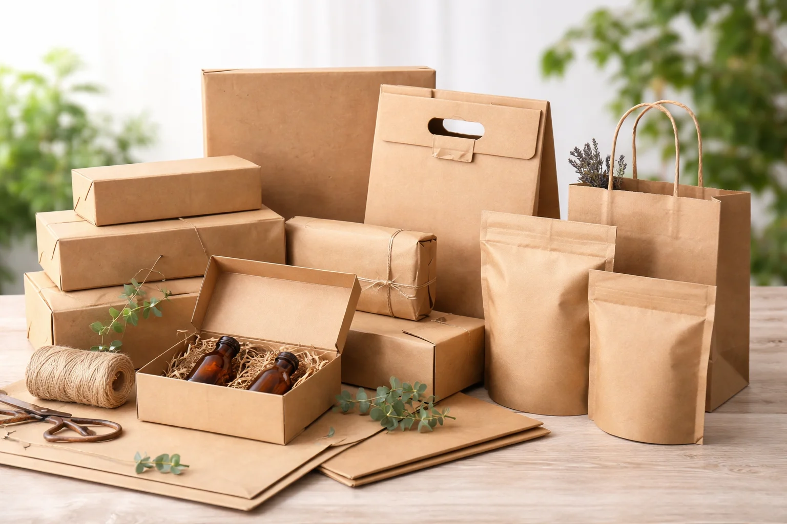 A collection of different kraft packaging boxes and bags