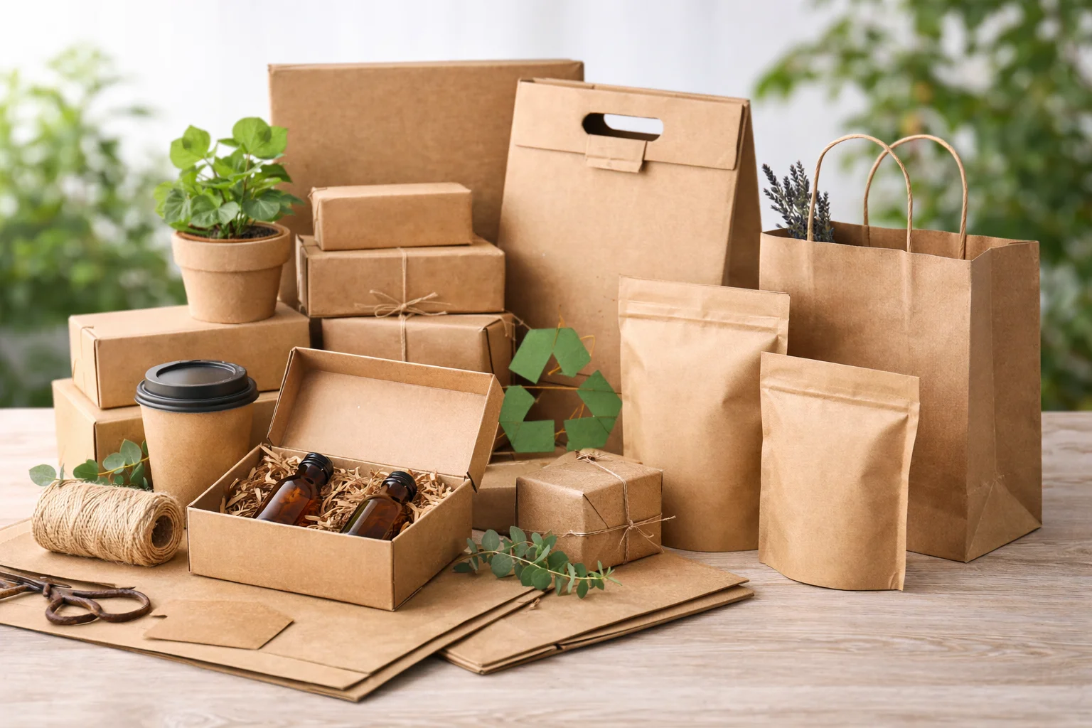 A kraft paper shopping bag with a simple black logo