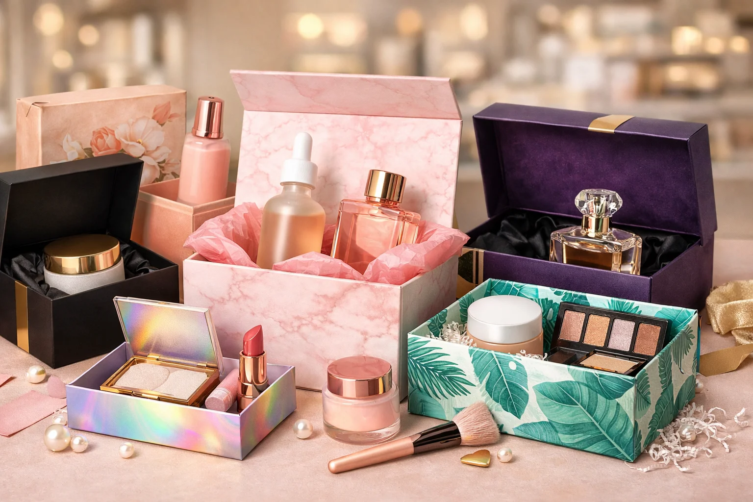 custom cosmetic boxes on a shelf