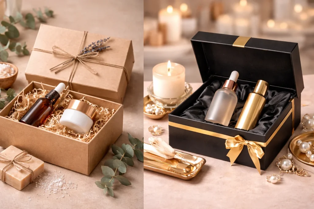Two gift boxes with skincare bottles and jars; one wrapped in natural twine, the other in black and gold ribbon, surrounded by candles and decor.