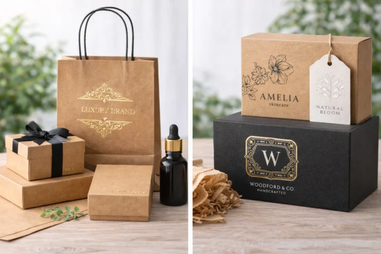 Luxury brand packaging with gift boxes, a dropper bottle, and decorative elements showcasing elegant design for skincare and products.