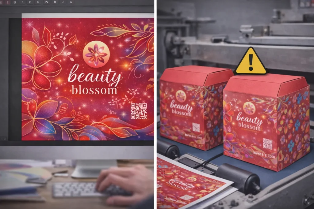Side-by-side view showing 'Beauty Blossom' floral design on a computer screen and printed boxes on a production line with a warning sign.