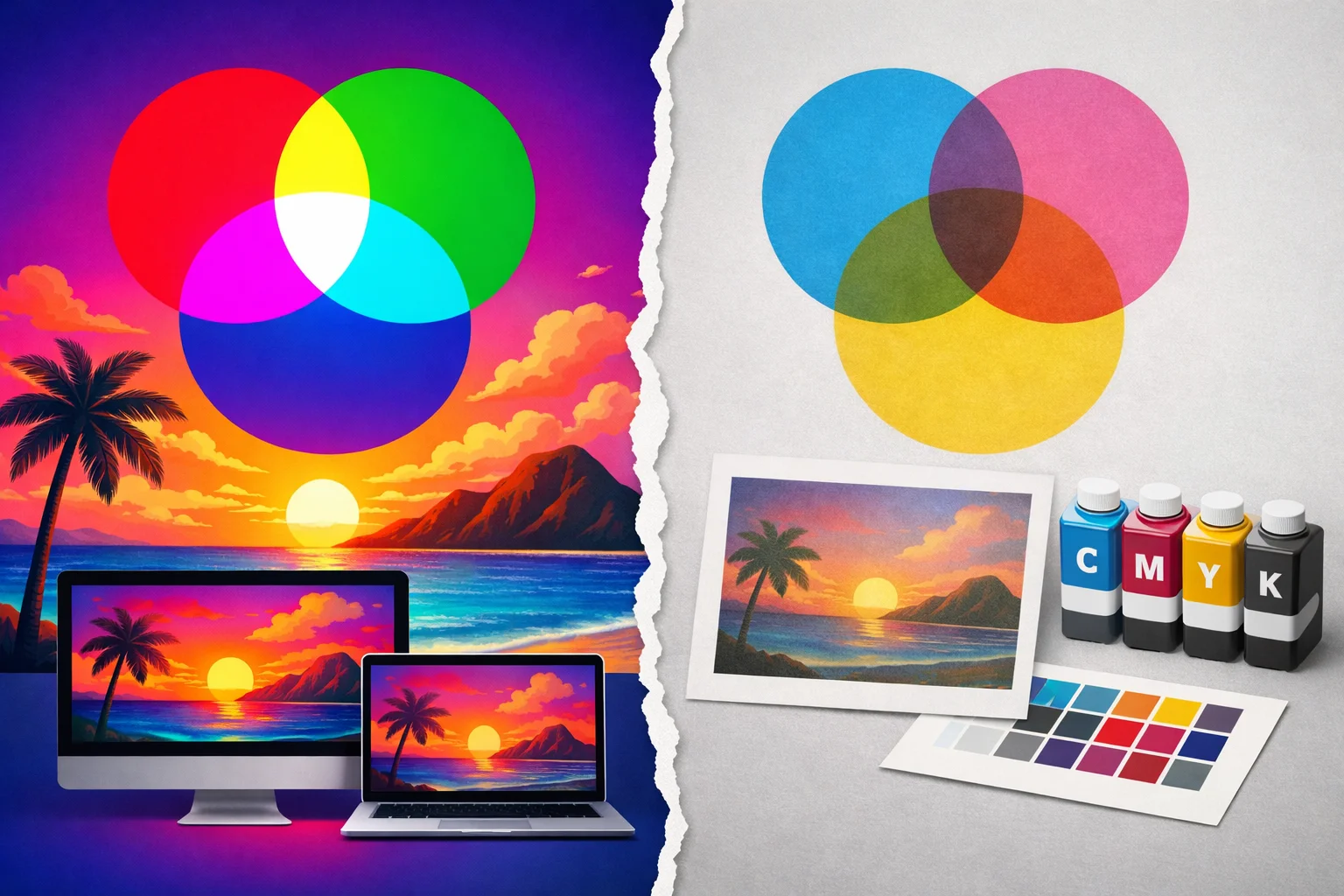 RGB vs CMYK Color Mode A diagram comparing the RGB and CMYK color gamuts