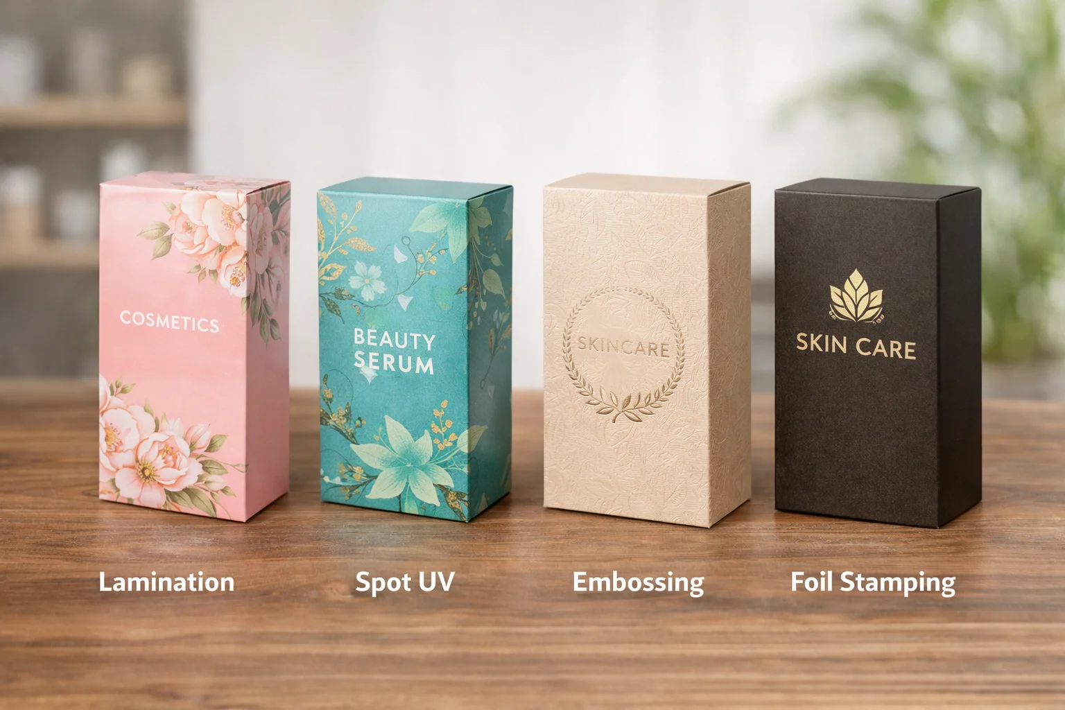 Packaging Printing and Finishing A close-up showing finishing options like foil stamping and embossing on a box