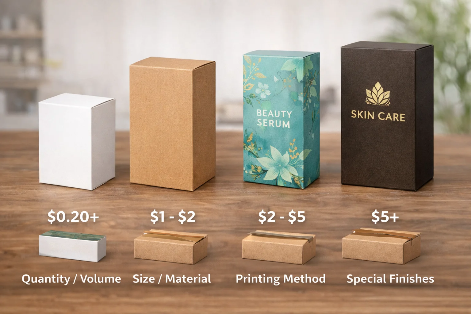 Cost of Custom Cosmetic Packaging A calculator and a stack of money next to a custom cosmetic box