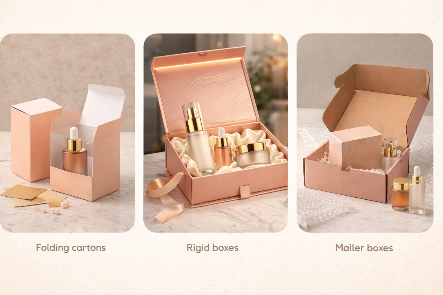 Types of Cosmetic Packaging Boxes Different types of cosmetic boxes: a folding carton, a rigid box, and a mailer box
