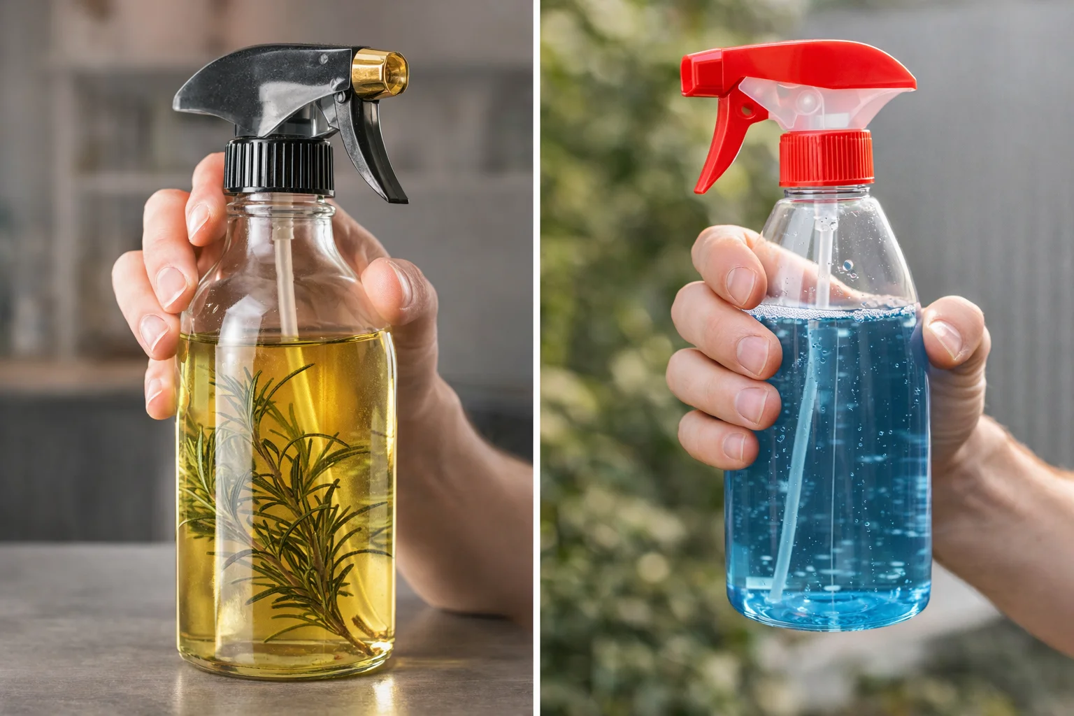 Plastic vs. Glass Spray Bottles A side-by-side comparison of a plastic and a glass spray bottle