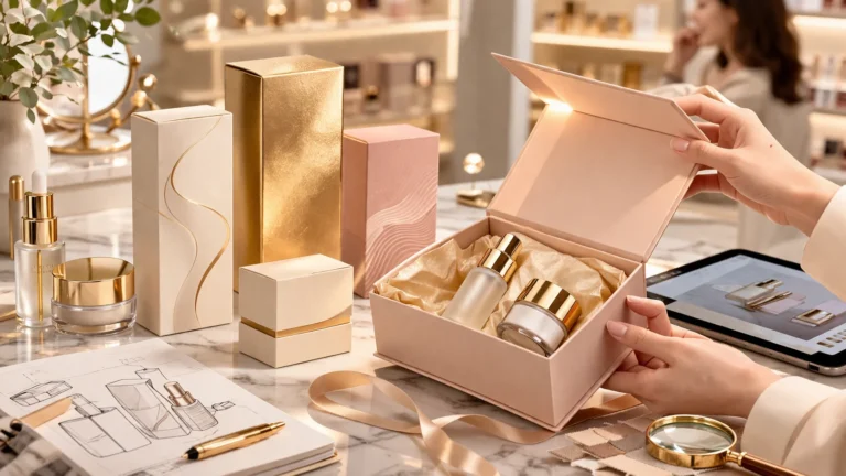 Hands holding a box with cosmetic bottles on a marble table, surrounded by elegant packaging, sketches, and a tablet displaying designs.