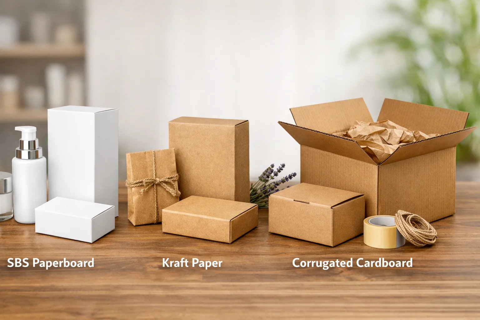 Cosmetic Packaging Materials Swatches of different paper materials like SBS, Kraft, and corrugated cardboard