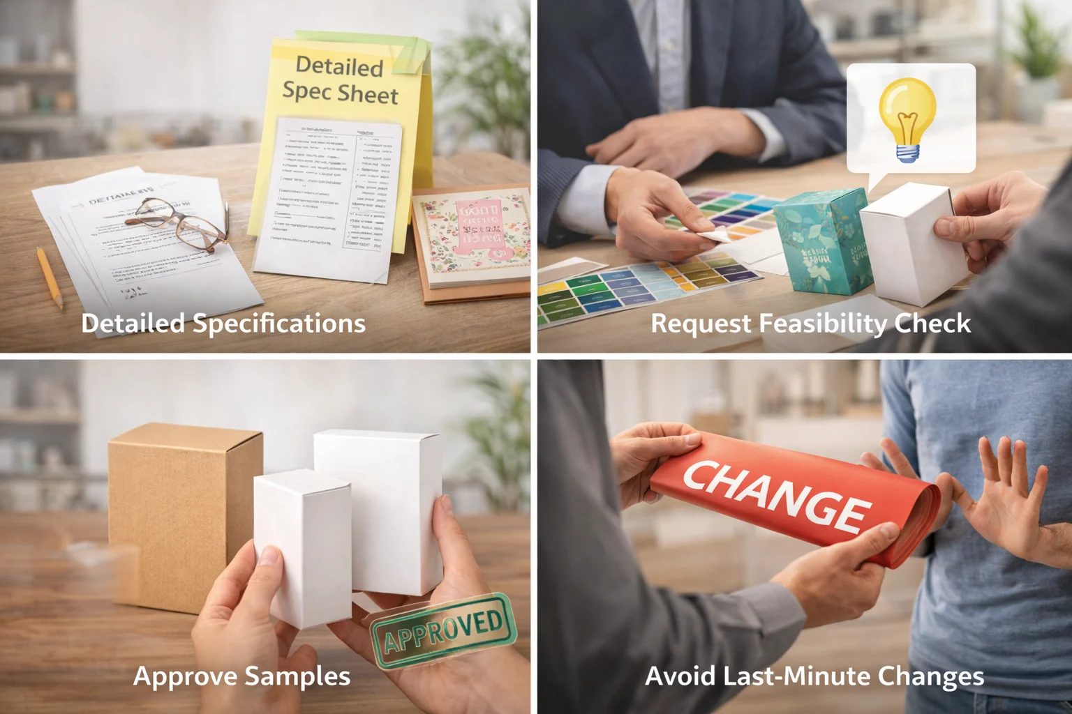 Working with a Packaging Supplier Two people shaking hands in a factory setting with packaging in the background