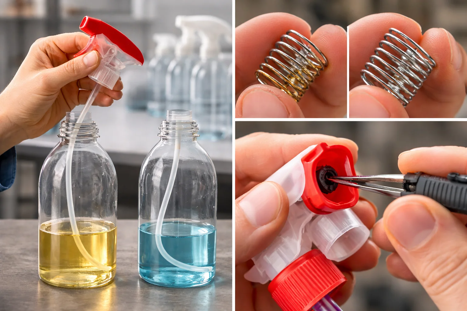 Spray Bottle Factory Secrets A close-up of a spray bottle's internal mechanism, showing the dip tube and spring